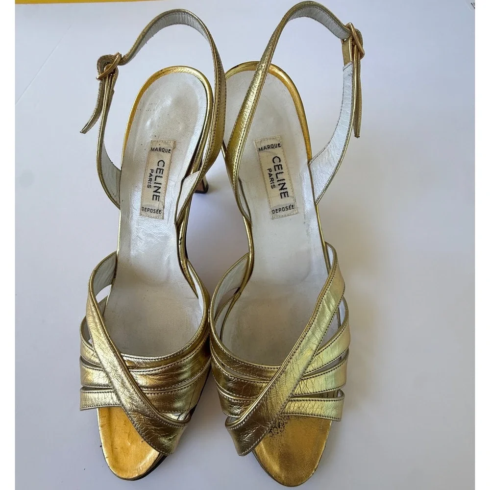 Vintage 70s-80s Celine Metallic Gold Slingback Heels 36 France Designer Luxe